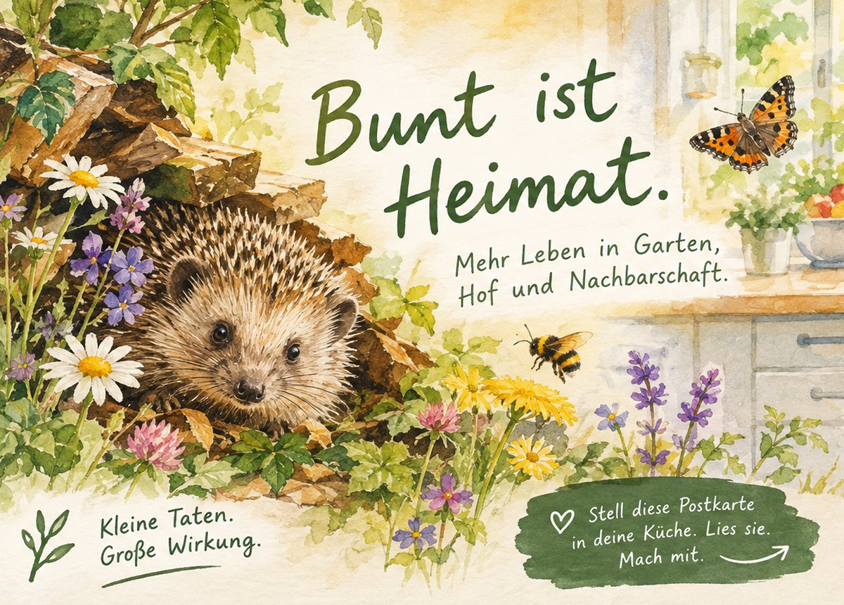 Aquarell: Ein Igel schaut aus einem Holzstapel, umgeben von Wildblumen, darüber eine Hummel und ein Kleiner Fuchs. Handschriftlich: Bunt ist Heimat.